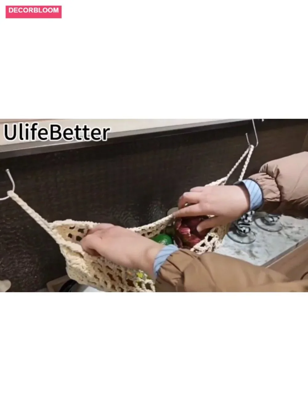 Hanging Fruit Hammock Under Cabinet 13x16in Macrame Storage Basket with Hooks